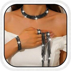Rhinestone‎ Jewelry Set Black Choker Necklace Earrings Bracelet Fancy Goth Lot